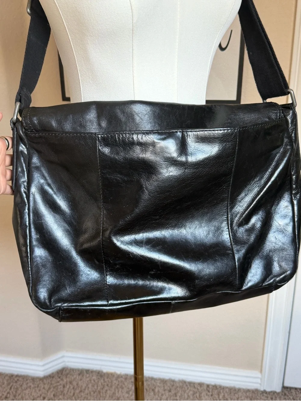 Vintage Fossil Black Genuine Leather Messenger Crossbody Bag Y2K Unisex